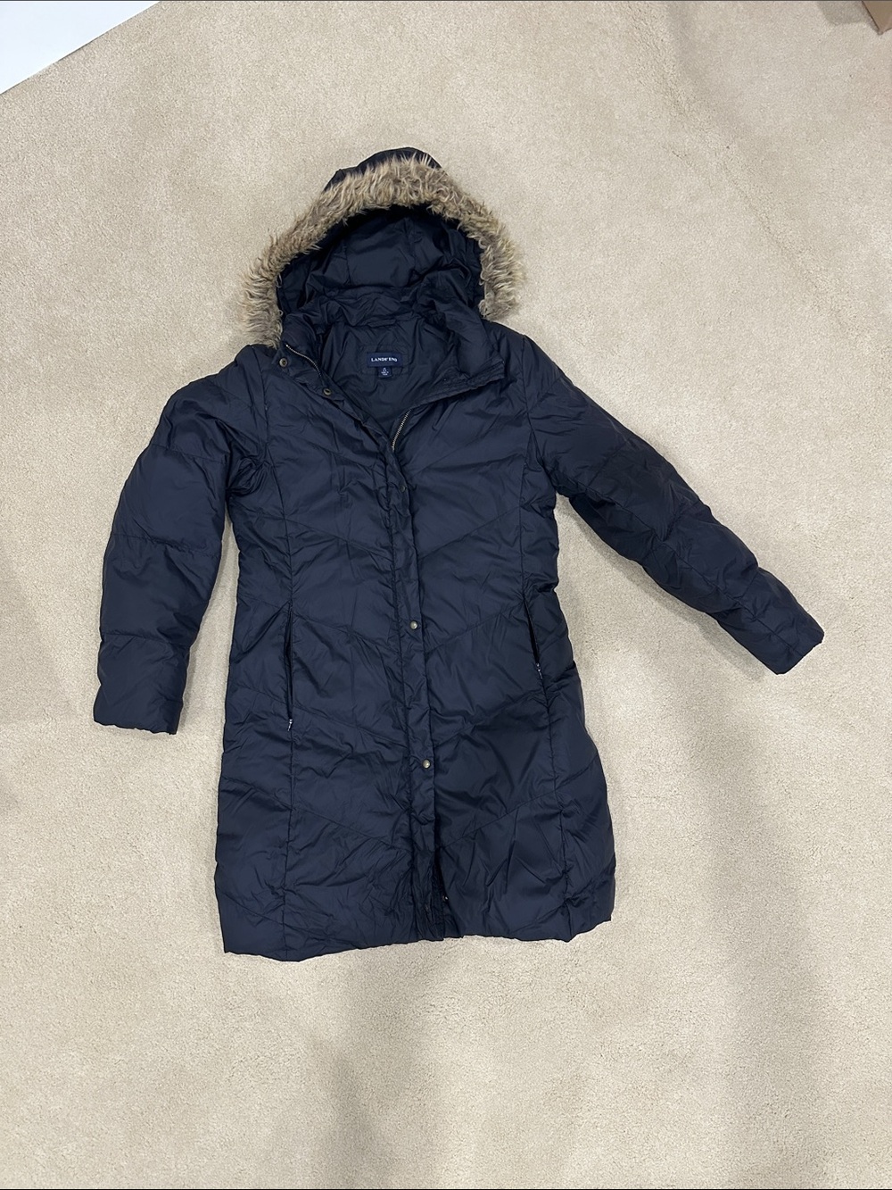 Lands' End Women's Black Hooded Puffer Coat with Faux-Fur Trim